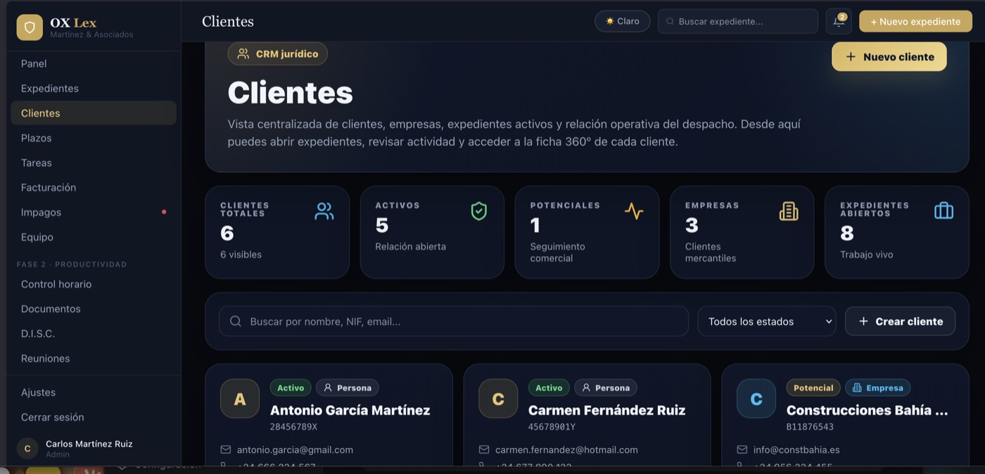 OX Lex · CRM jurídico con ficha 360° del cliente